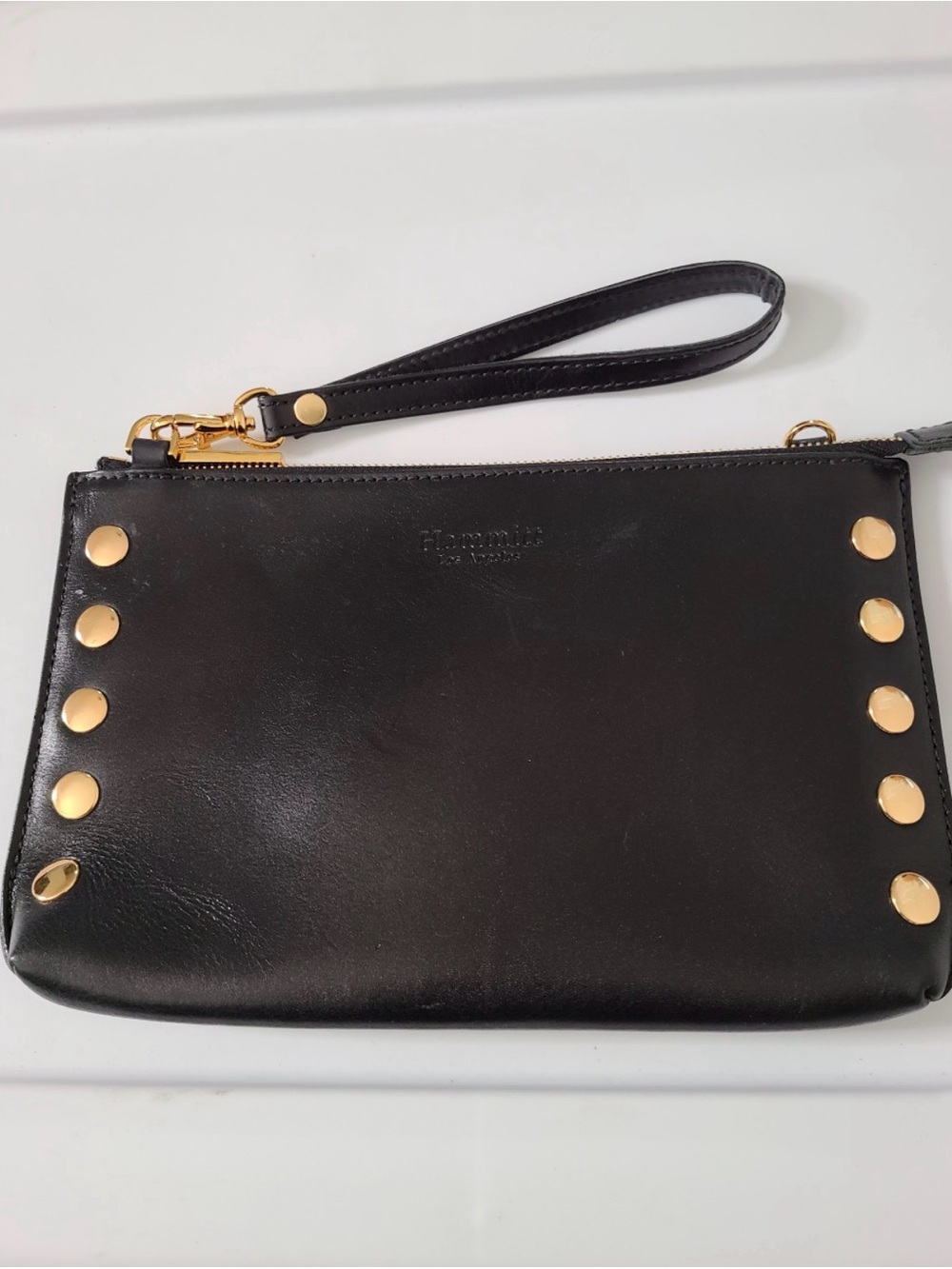 Rare Hammitt Black Leather Wristlet Clutch with Gold Studs